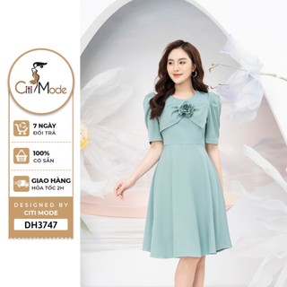 Đầm công sở CITI MODE FASHION thiết kế dáng xoè xanh tay lỡ đính hoa ngực DH3747