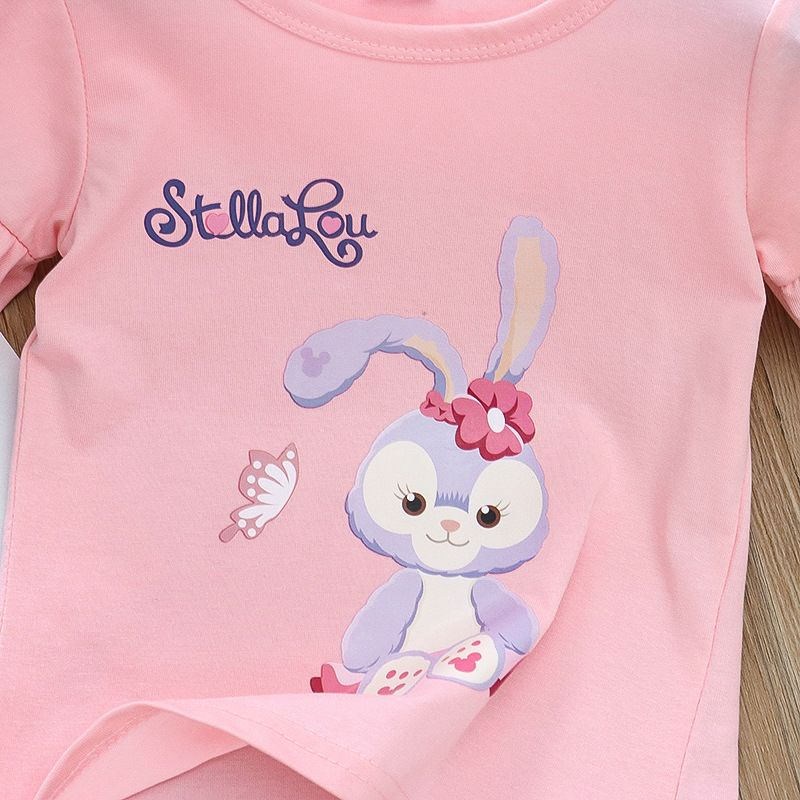 Áo thun cổ tròn tay dún bèo in hoạt hình thỏ cho bé gái 3-4-5-6-7-8 tuổi