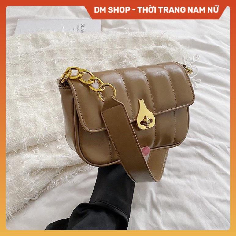 Túi xách kẹp nách khóa xoay hình giọt nước , Túi sách đeo vai da trơn màu đen trắng nâu phong cách thời trang Dm Shop