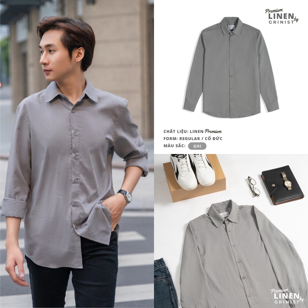 ÁO SƠ MI NAM - GRINIST - Màu Ghi Sáng Cổ Đức Premium Linen