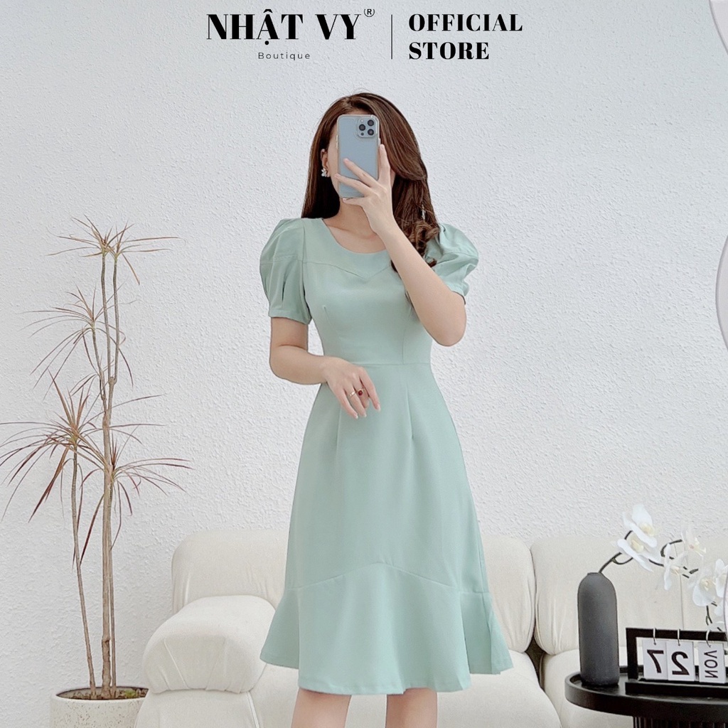 Đầm công sở NHẬT VY đuôi cá cổ tròn viền ngực tay phồng cách điệu chất cotton lụa gân phù hợp đi chơi dạo phố- D2548