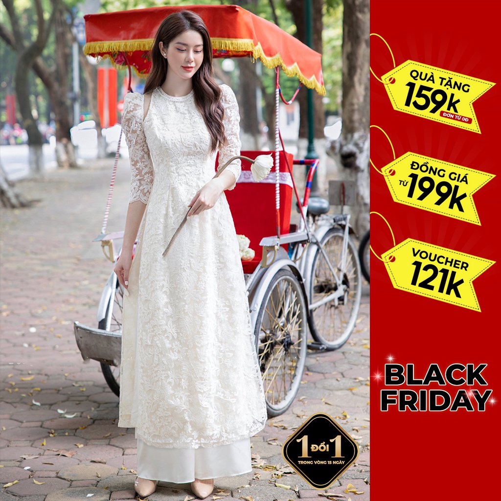 Áo dài cách tân phối ren thiết kế tay bồng xẻ vai cách điệu chính hãng Giian - GAD432