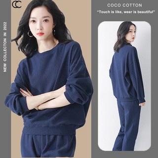 Đồ bộ mặc nhà nữ thu đông chất len tổ ong cococotton cao cấp cc04