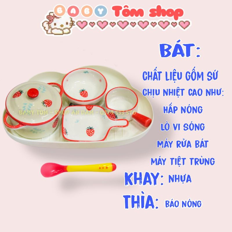 Bộ bát ăn dặm gốm sứ, bát có nắp cho bé ăn dặm, NPP Baby Tôm