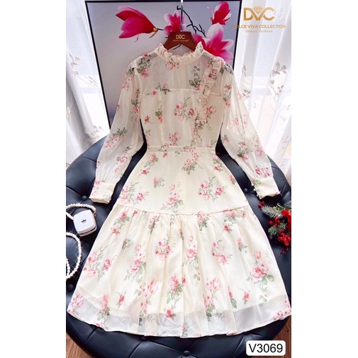 V3069 váy voan xoè hoa màu be dài tay