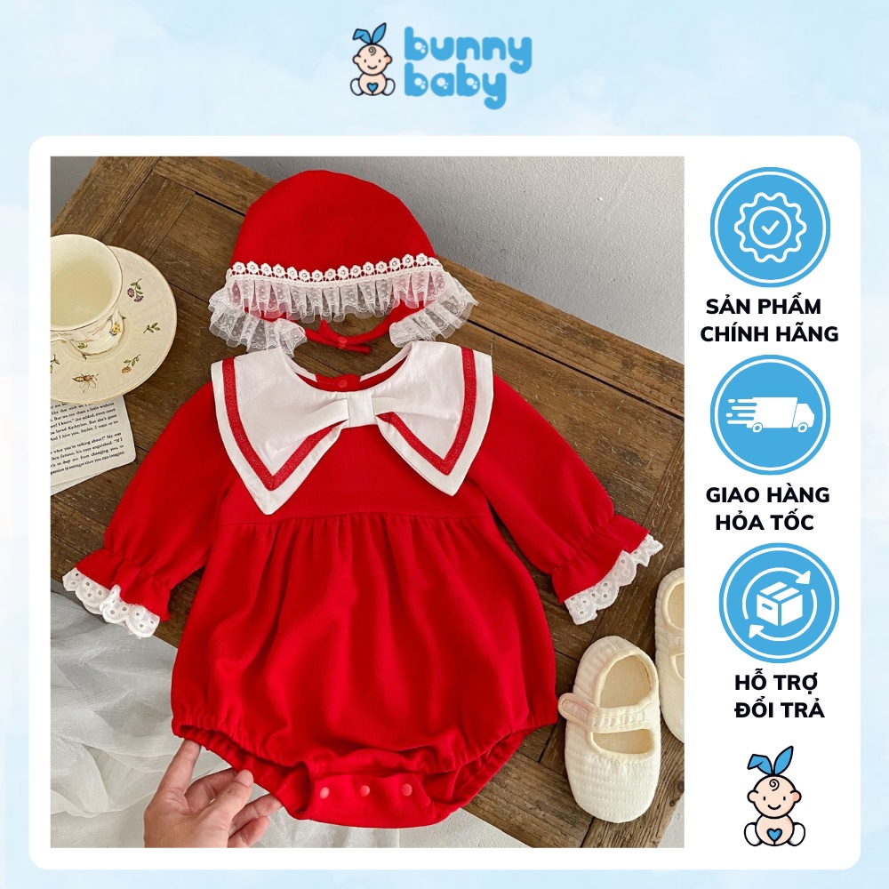 Set BodySuit Nơ Đỏ Giáng Sinh Kèm Nón Cho Bé Gái | Size 66-80 | Vải Nỉ Quảng Châu Cao Cấp
