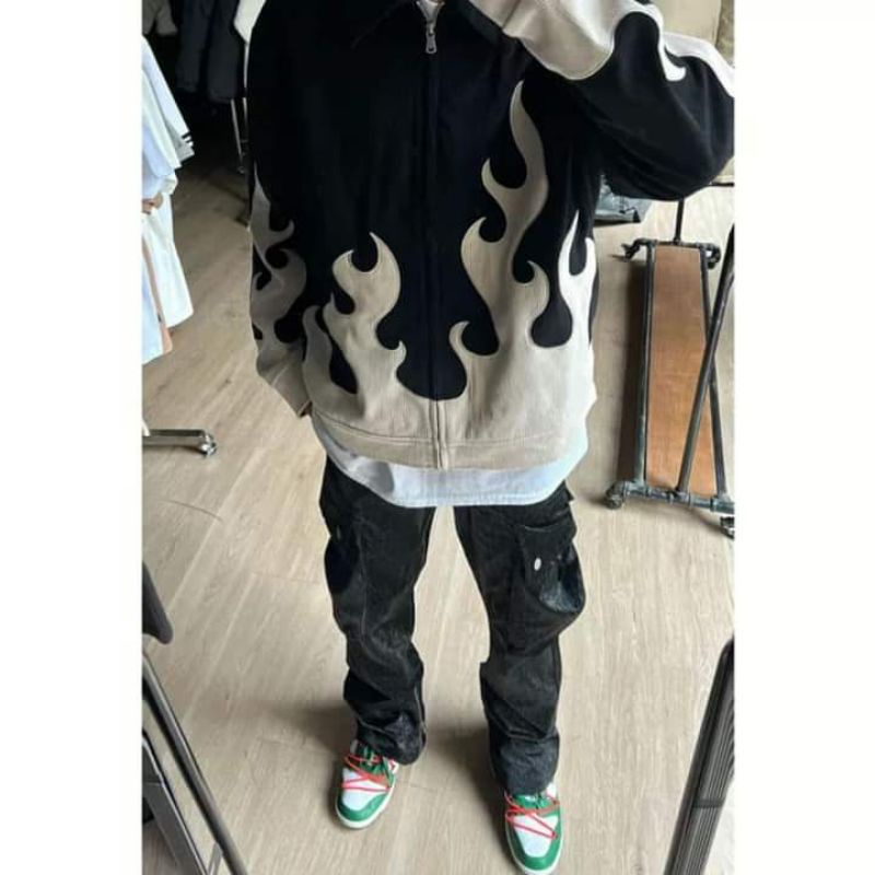 Áo khoác bomber varsity họa tiết lửa