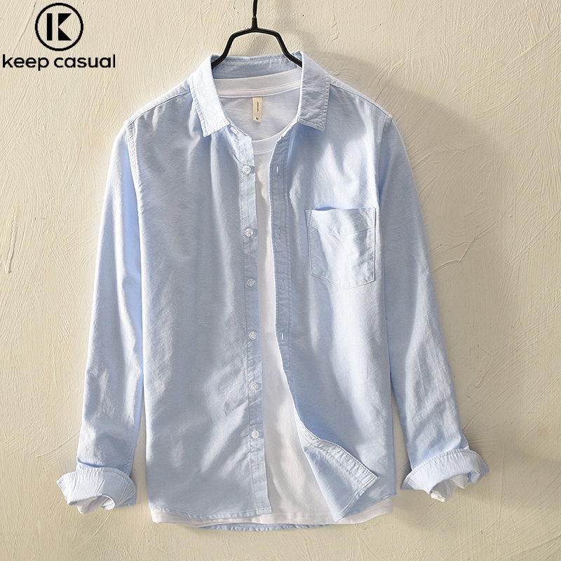 Áo Sơ Mi Cotton Oxford Tay Dài Màu Trơn Phong Cách Retro Cho Nam