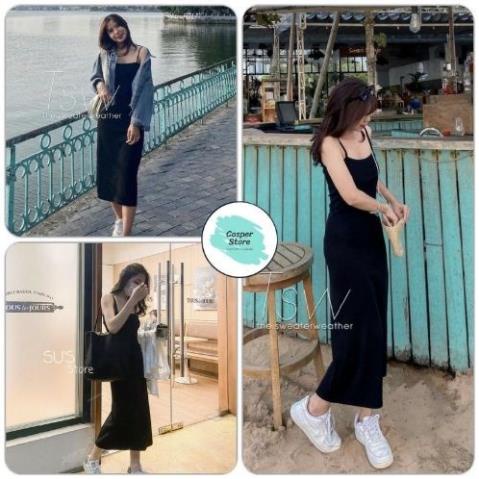 H.A.N STORE  Váy 2 Dây Thun Basic Đầm nữ dáng dài chất thun co giãn, màu đen trơn basic