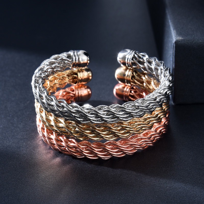 Vòng đeo tay kim loại kiểu bện đeo cổ tay bản hở phong cách rock âu mỹ thời trang cho nữ