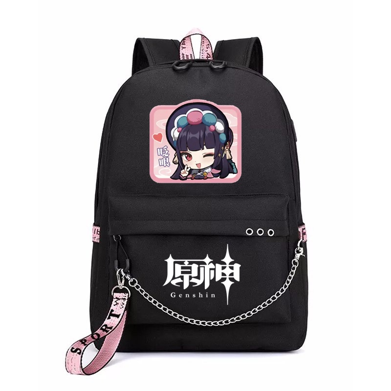 Balo thông minh đen in hình GENSHIN IMPACT ver CHỮ NHẬT CHIBI game anime chibi dễ thương cặp sách đi học
