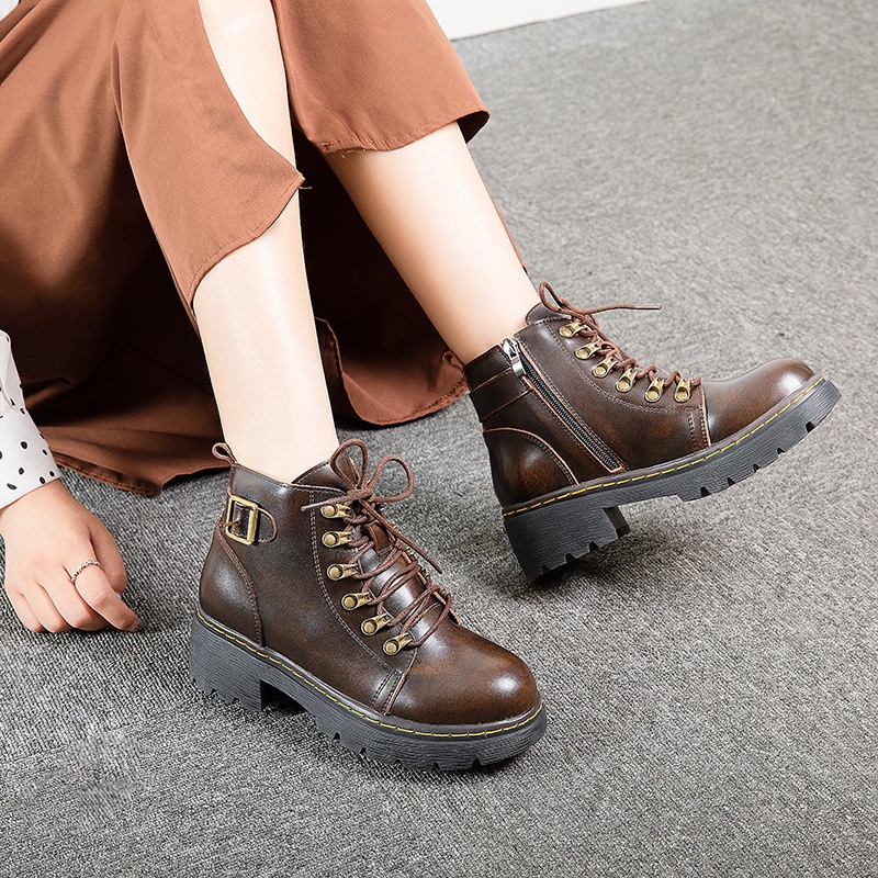 Boots nút đồng khóa kéo, đế cao 5cm - Giày da nữ thật phong cách retro LavisS