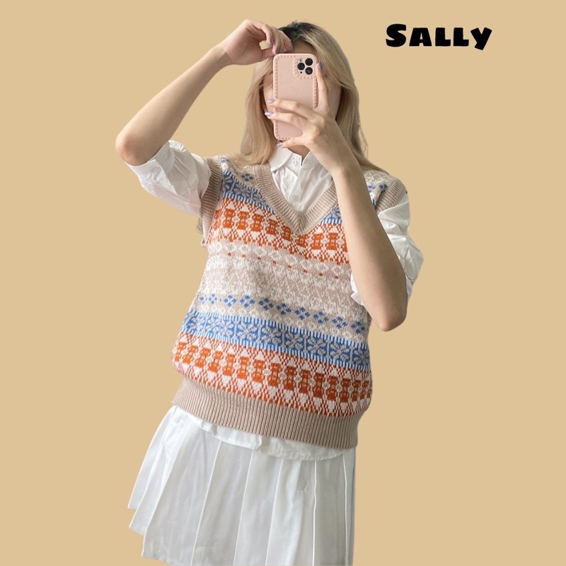 {7:S39}Áo gile Sally len nữ thổ cẩm dáng rộng thu đông siêu hot