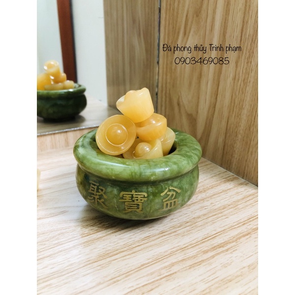 Bát Tụ Bảo, Bát Vàng Thần Tài Đá Serpentine lam ngọc - SIÊU ĐEP , đường kính 10cm