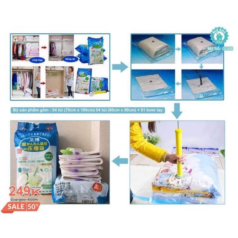 bộ túi hút chân ko chăn màn quần ( túi 8 sec) tặng thêm bơm cầm tay siêu tiện ích