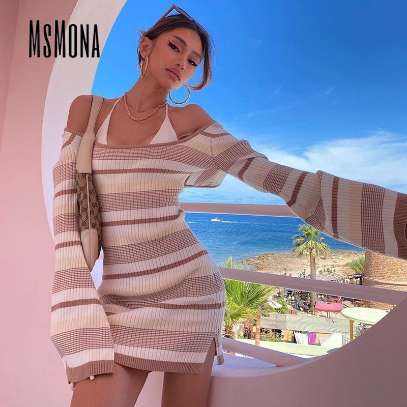 MsMona Đầm Mini Tay Dài Cổ Chữ U Phối Màu Tương Phản Thời Trang 2022 Quyến Rũ Cho Nữ