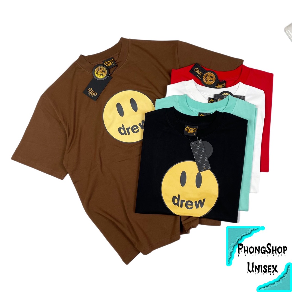 Áo thun tay lỡ Drew House mặt cười, Áo thun Unisex nam nữ form rộng chất cotton PhongShop Unisex