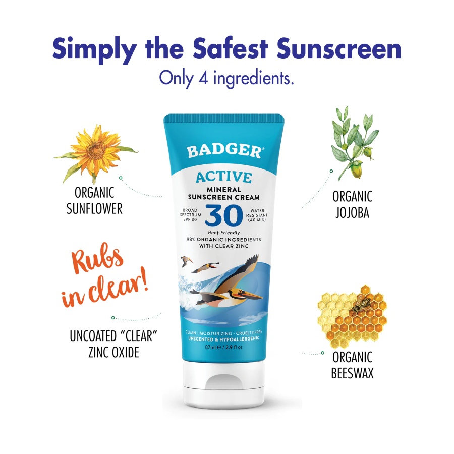 Kem chống nắng vật lý BADGER SPF 30 40 sunscreen cho mặt và body trẻ sơ sinh, em bé, người lớn - 87mL