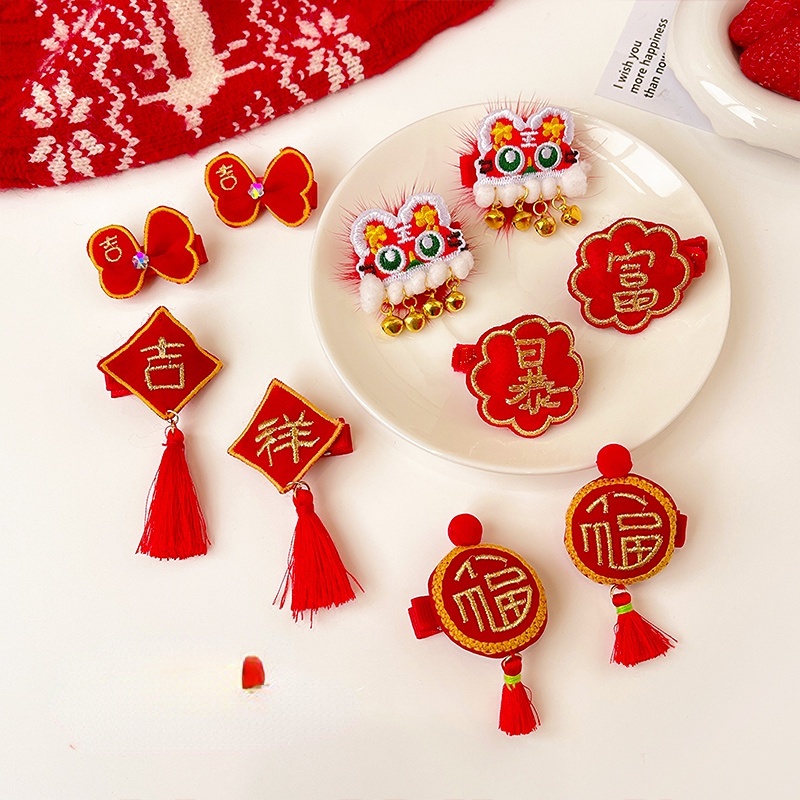 Kẹp Tóc Nơ Đỏ Phong Cách Trung Hoa Mừng Năm Mới Cho Bé Gái