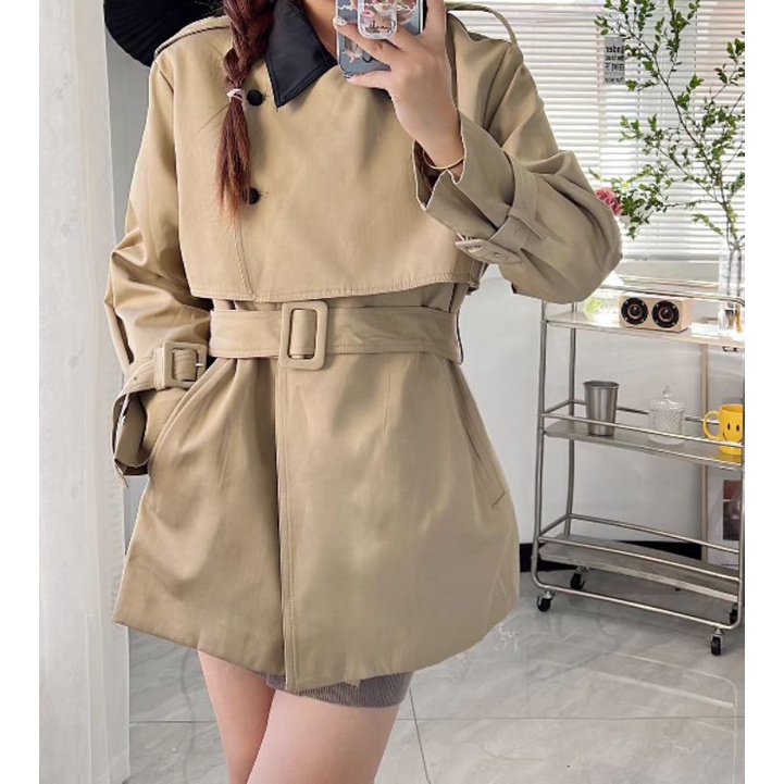 Áo măng tô kaki dáng ngắn