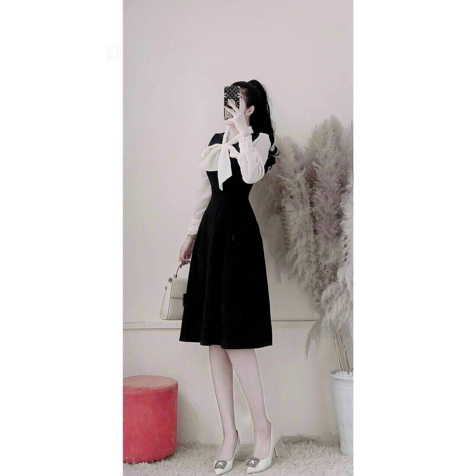 (FreeShip 2022) Đầm nữ tay dài dáng xòe,đầm thu đông tay phối cột nơ cổ siêu xinh,chất umi cao cấp