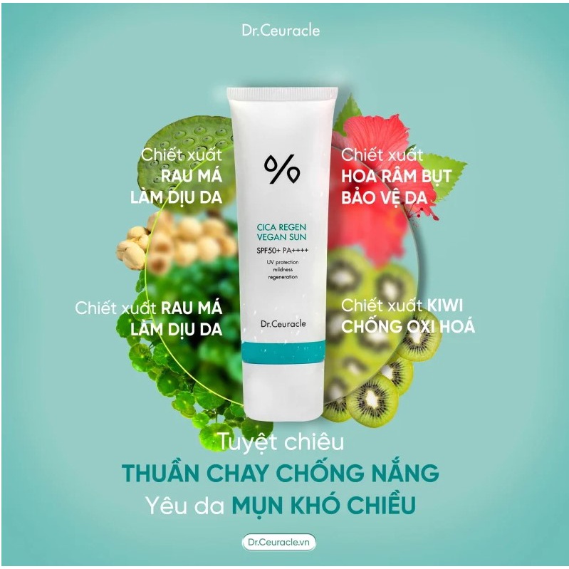 Kem Chống Nắng Làm Dịu Da, Ngăn Ngừa Khói Bụi, Dành Cho Da Nhạy Cảm Dr.Ceuracle Cica Regen Vegan Sun SPF50+/PA++++ 50ml