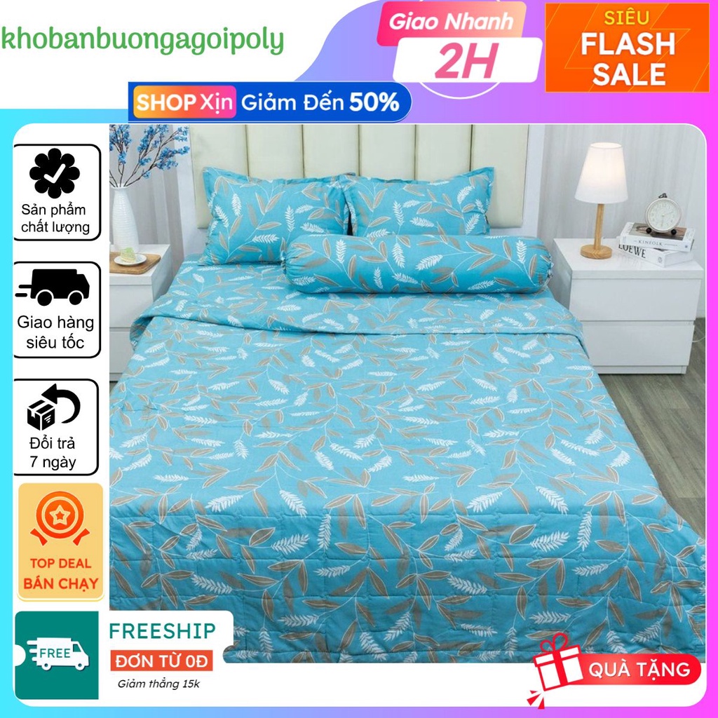Bộ ga gối m2/m4/m5 drap giường poly gồm 1 ga trải giường và 2 vỏ gối nằm, mẫu lá tre
