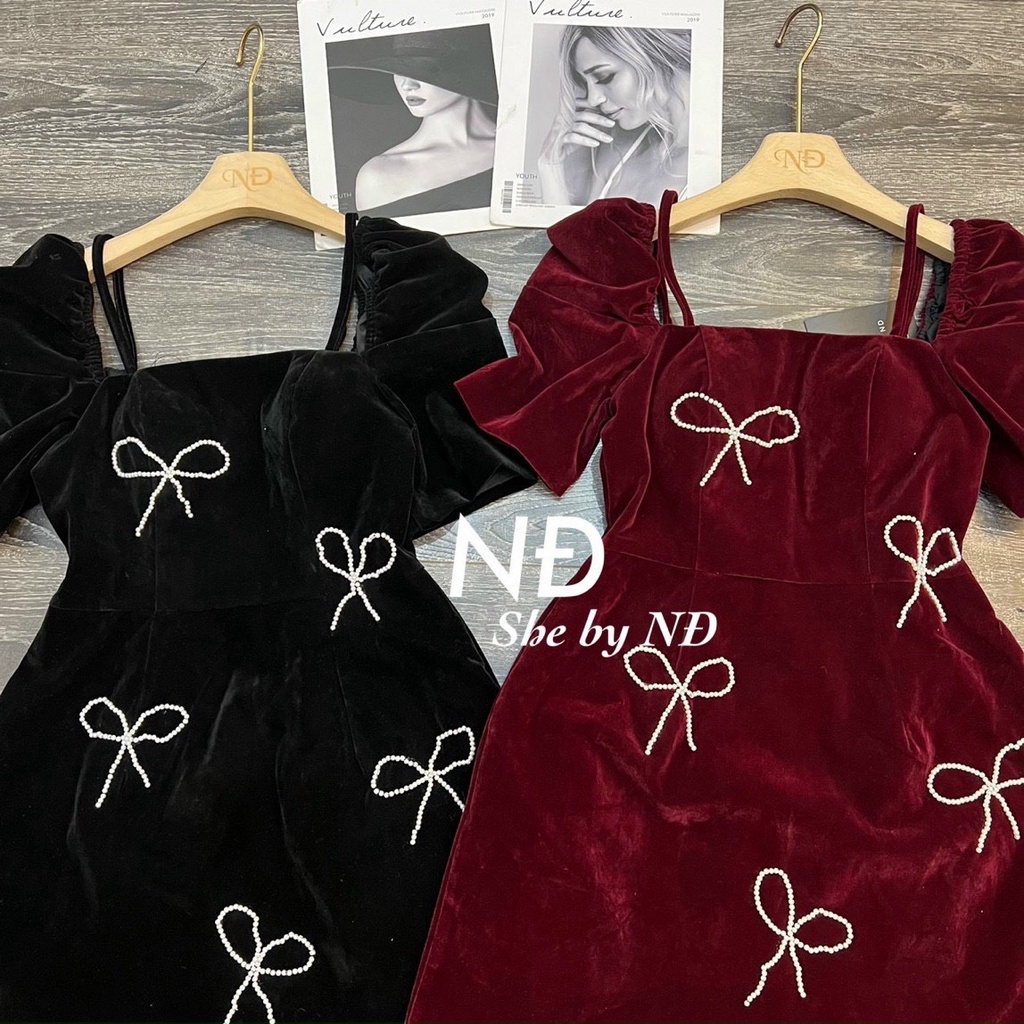 ĐẦM NHUNG TAY PHỒNG ĐÍNH NƠ ĐÁ 2M