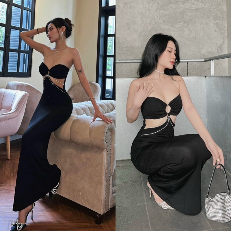 Đầm váy đen dài ôm body cúp ngực khoét eo đính đá thời trang nữ sang trọng dự tiệc party sinh nhật đi quẩy bar pub club