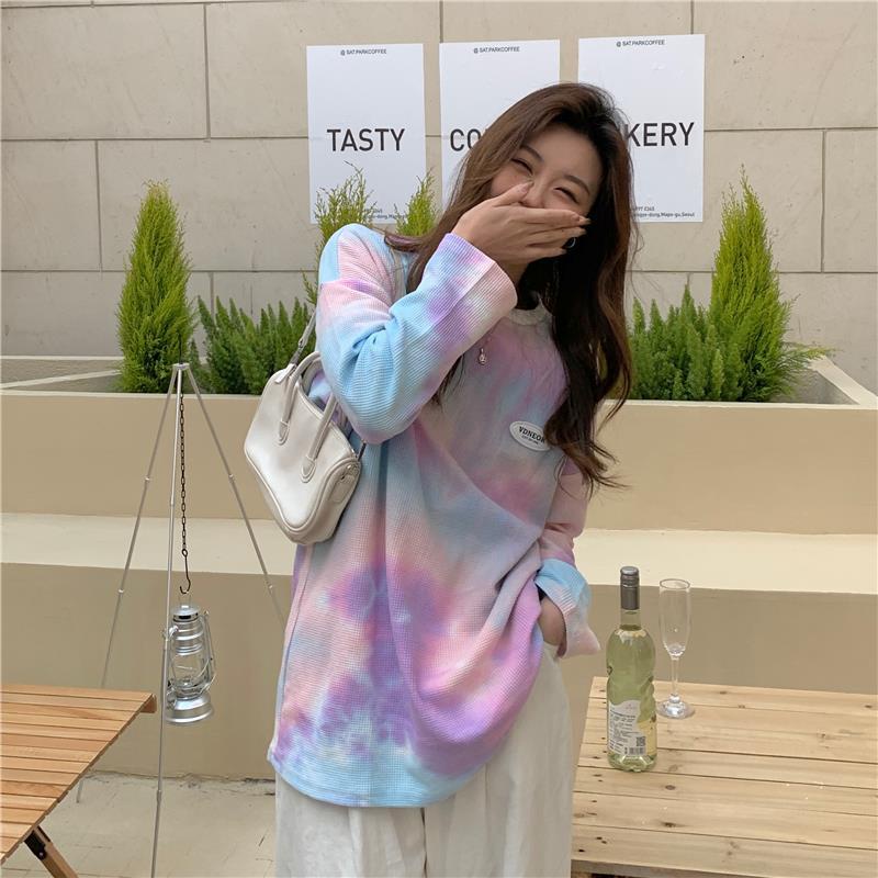 IELGY Áo Thun Dài Tay Nhuộm Màu In Chữ Phong Cách Hàn Quốc Cho Nữ