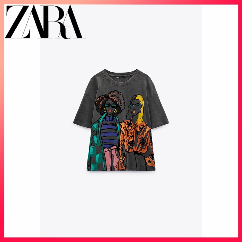 Zara Áo Thun Tay Ngắn Cổ Tròn In Họa Tiết Thời Trang Thu Đông Cho Nữ