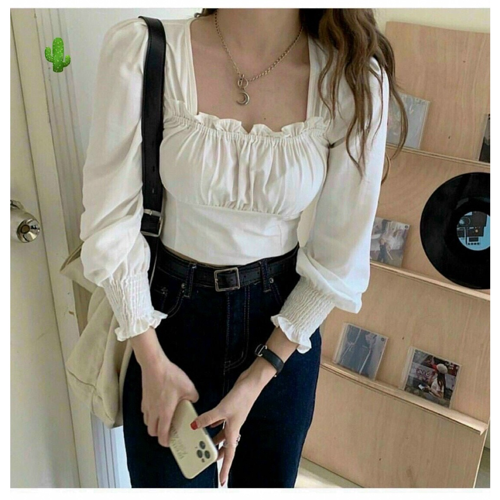 áo kiểu cổ vuông nhúm tay dài hở lưng v cột dây xinh mềm mịn