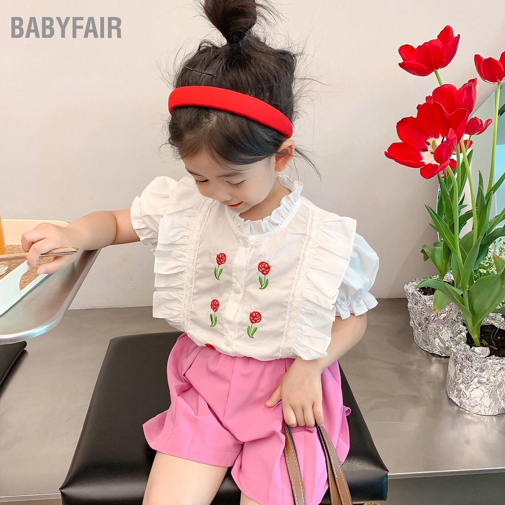 Babyfair. Bộ Áo Sơ Mi Tay Ngắn Phồng + Quần Short Thời Trang Mùa Hè Cho Bé Gái