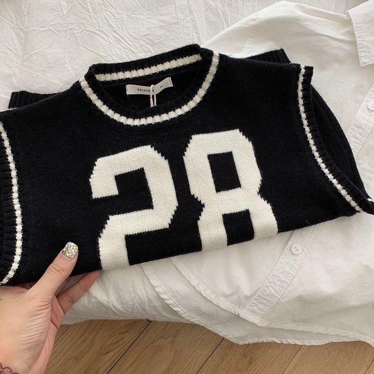 Áo Dệt Kim Sát Nách Cổ Tròn In Chữ Số Thời Trang Thu Đông Cho Bé Trai