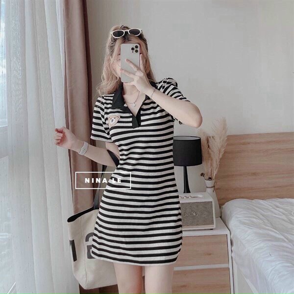 Đầm thun body kẻ sọc, đầm polo thêu gấu dáng suông, váy cổ bẻ thun sọc tay ngắn kèm ảnh thật trải sàn
