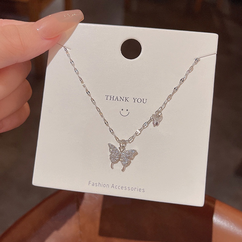 Vòng cổ Thép Titan Mạ Bạc 925 Mặt Hình Bướm Đính Đá Zircon Lấp Lánh Thời Trang Cho Nữ