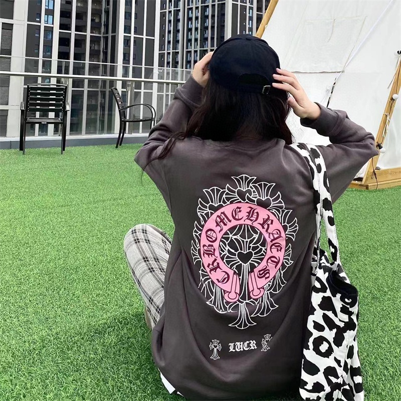 Áo Sweater Dáng Rộng Cổ Tròn In Biểu Tượng Nhóm Móng Ngựa Màu Hồng Chrome Hearts Thời Trang Đường Phố Cao Cấp