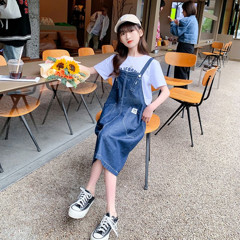 Asut Set Áo Thun Ngắn Tay + Đầm Yếm denim + 1 Vòng Hoa 1 tahun Adidasirls Thời Trang Cho Bé Gái 6 12 Tuổi