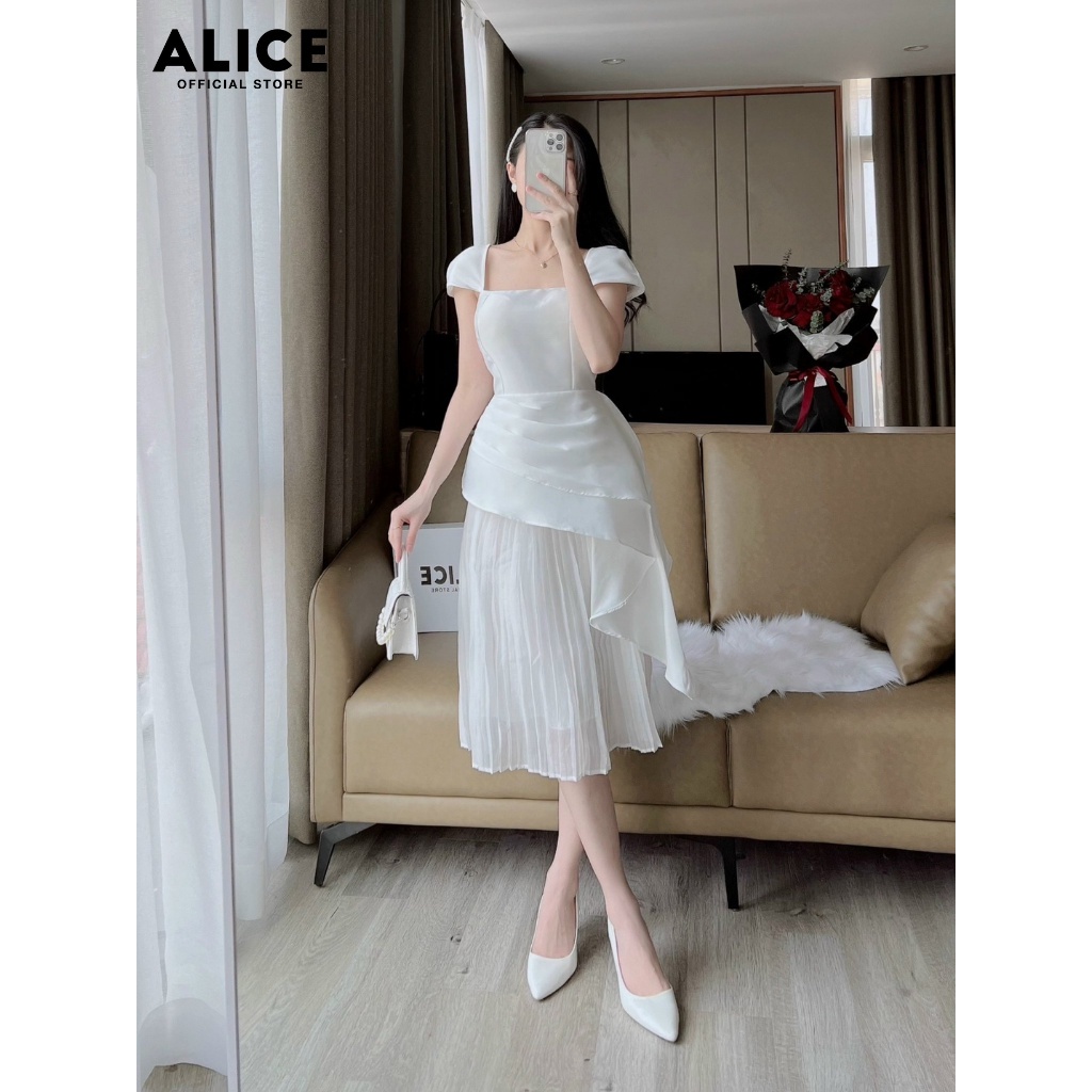 Đầm Dự Tiệc Thiết Kế Tiểu Thư Cổ Vuông ALICE Chất Vải Tafta Cao Cấp Phối Tơ Thiết Kế Tay Cánh Tiên Phối Dập Ly V790