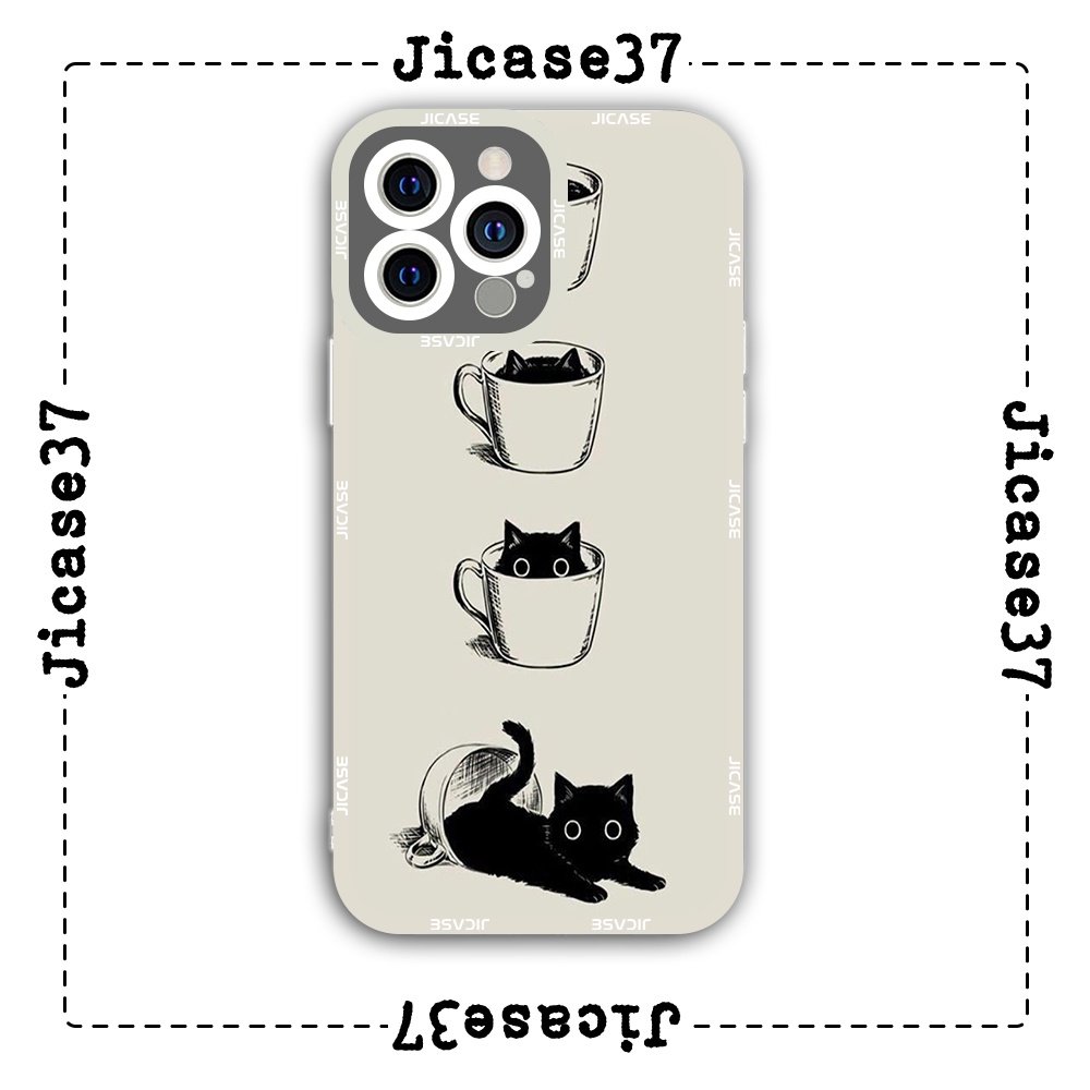 Ốp lưng iPhone Cạnh Vuông In Hình Jicase Mèo đen và chiếc cốc