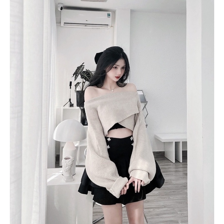 SET ÁO ĐẮP CHÉO + CHÂN VÁY ĐEN NÚT