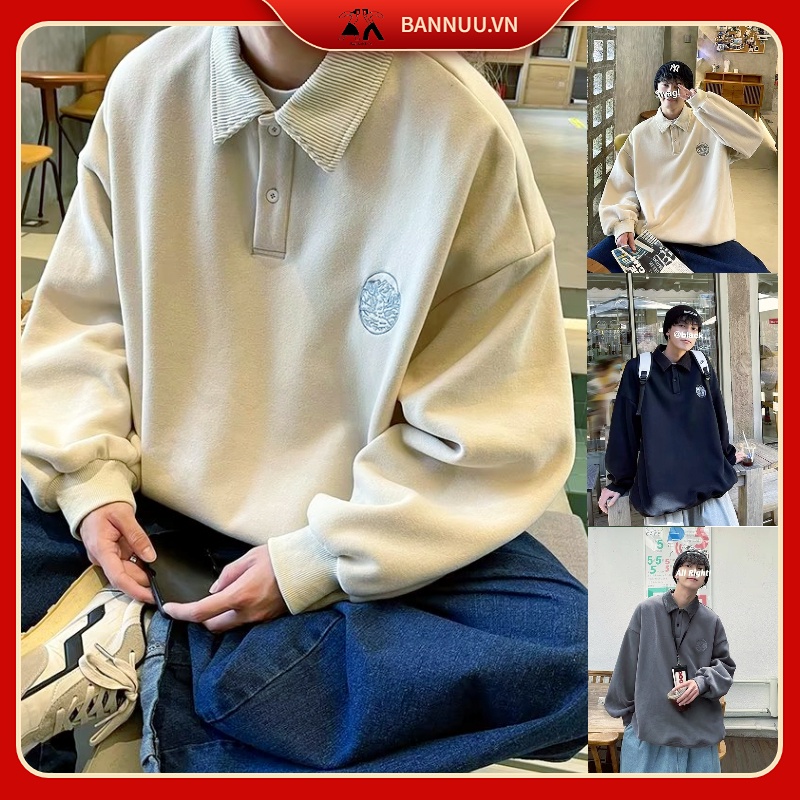 Áo Sweater Polo nam Dáng Rộng Phong Cách Hàn Quốc áo polo sweater Thời Trang áo sweater có cổ Nam Nữ