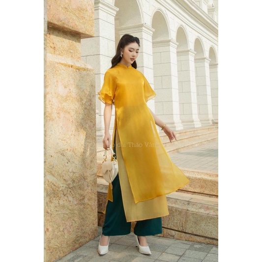 Áo áo dài thời trang cách tân kiểu dáng trẻ trung tay lỡ màu vàng chất lụa chiffon cao cấp -AD001