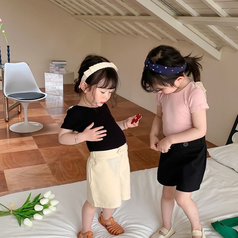 Áo Thun Tay Ngắn Phối Ren Và Nơ Dễ Thương Phong Cách Hàn Quốc Cho Bé Gái