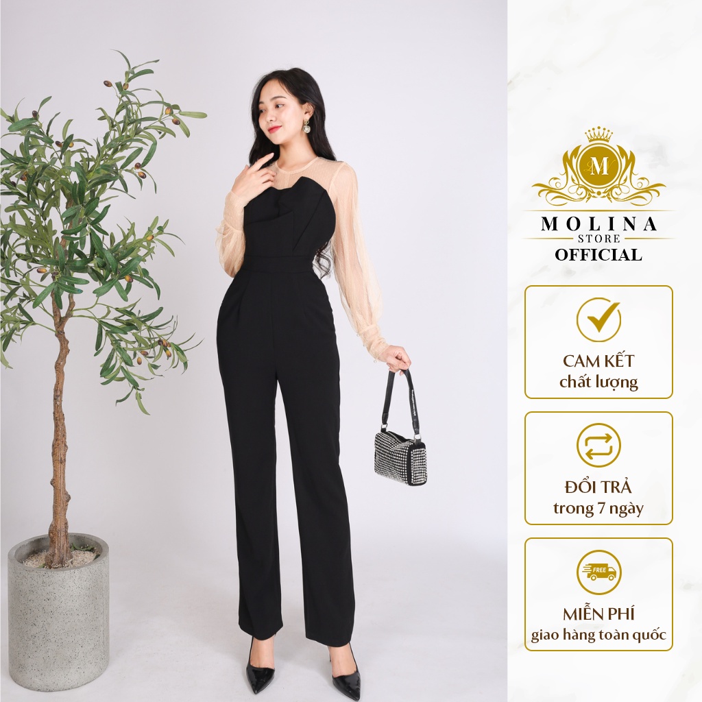 Jumpsuit Dáng Dài Ngực Cách Điệu Phối Tay Ren Thiết Kế Molina Đính Ngọc Điệu Đà, Phù Hợp Đi Chơi Đi Tiệc