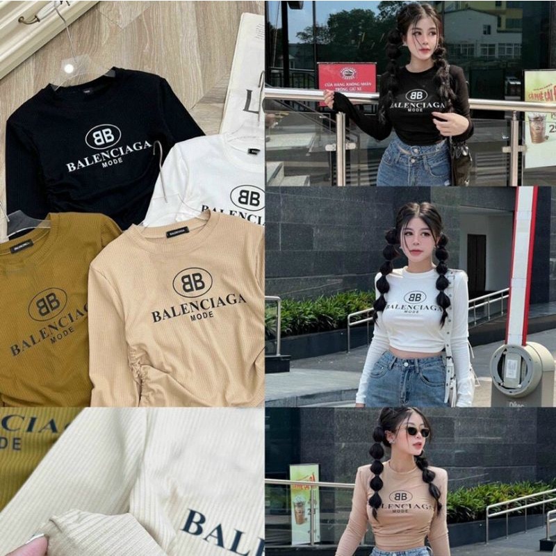 Áo cổ tròn tay dài croptop chất thun gân freesize màu đen/trắng/nude/vàng bò