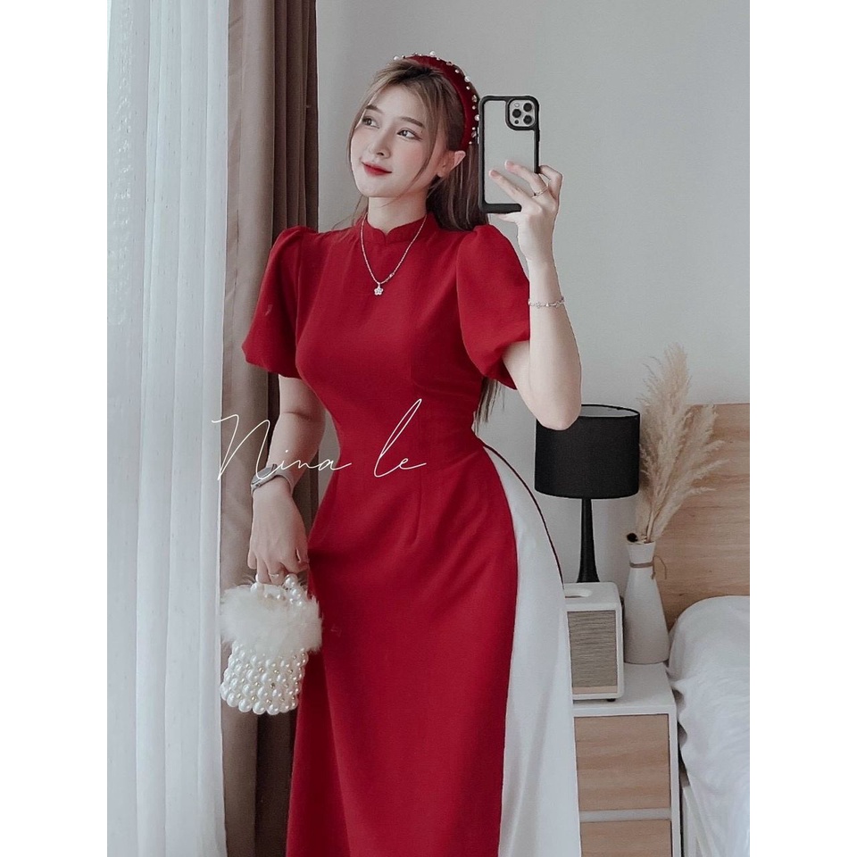 Áo dài lụa màu đỏ kín cổ tay phồng ngắn tôn dáng rực rỡ đi lễ, đi chúc tết may mắn, kèm quần ống rộng dài màu trắng
