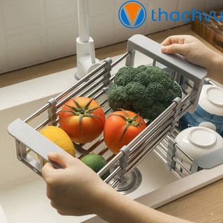 Khay giá kệ gác bồn rửa chén bát inox co giãn cao cấp, rổ rút để đồ co rút đa năng dành cho chậu rửa chén bát nhà bếp.