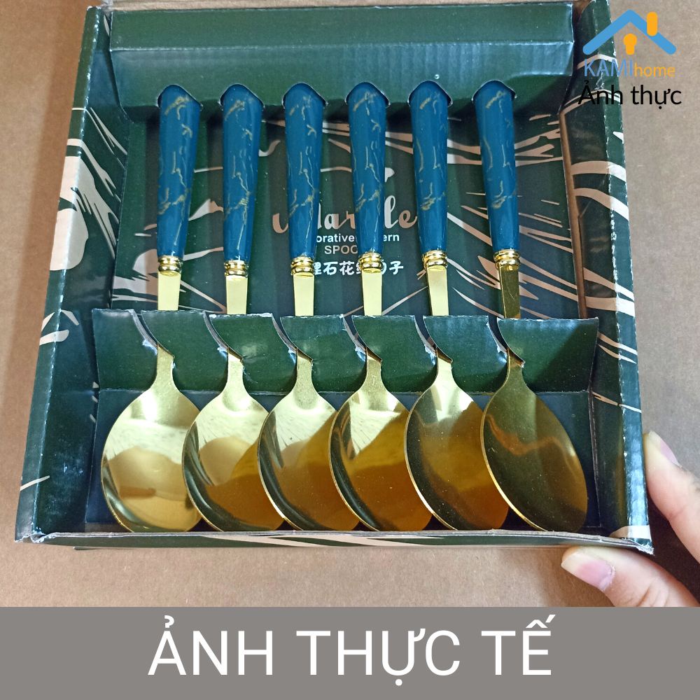 (Bộ 6) Thìa Inox Mạ Vàng, Chuôi Vân Đá Sang Trọng 17cm, kèm hộp. KM 20115
