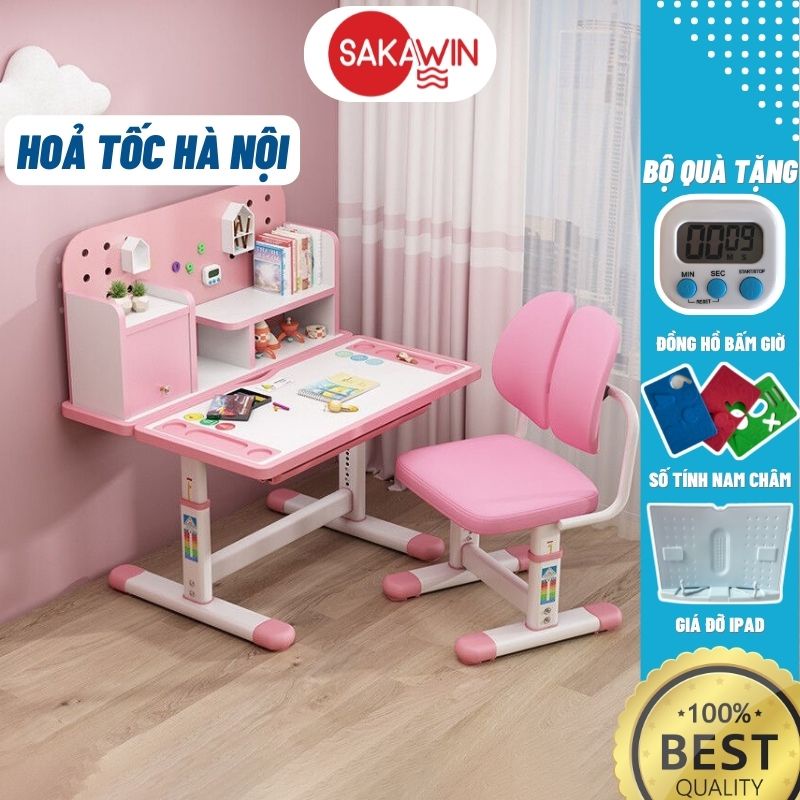 Bộ bàn học chống gù Sakawin A16 cho bé, Bàn học cho bé có giá sách cao cấp Tặng kèm phụ kiện